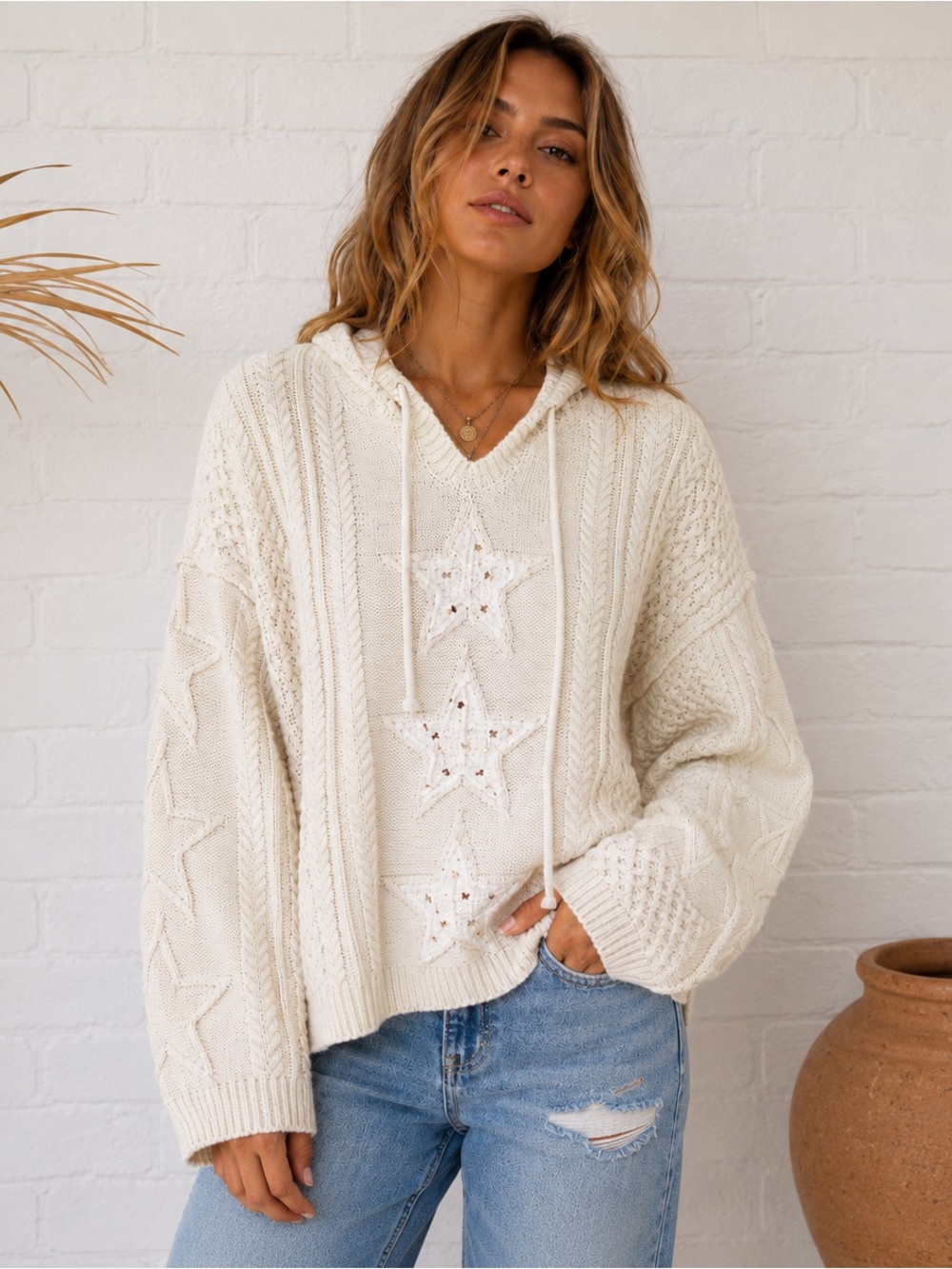 NWT POL Cream Cable Knit Star Appliqué Hooded Oversized Sweater